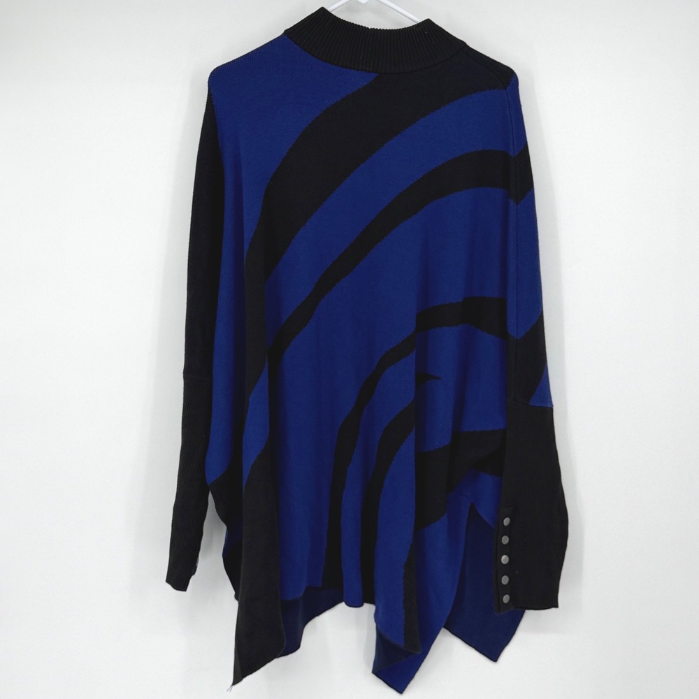 Chico's L XL Cobalt Blue Black Abstract Poncho Sweater Tunic Asymmetric